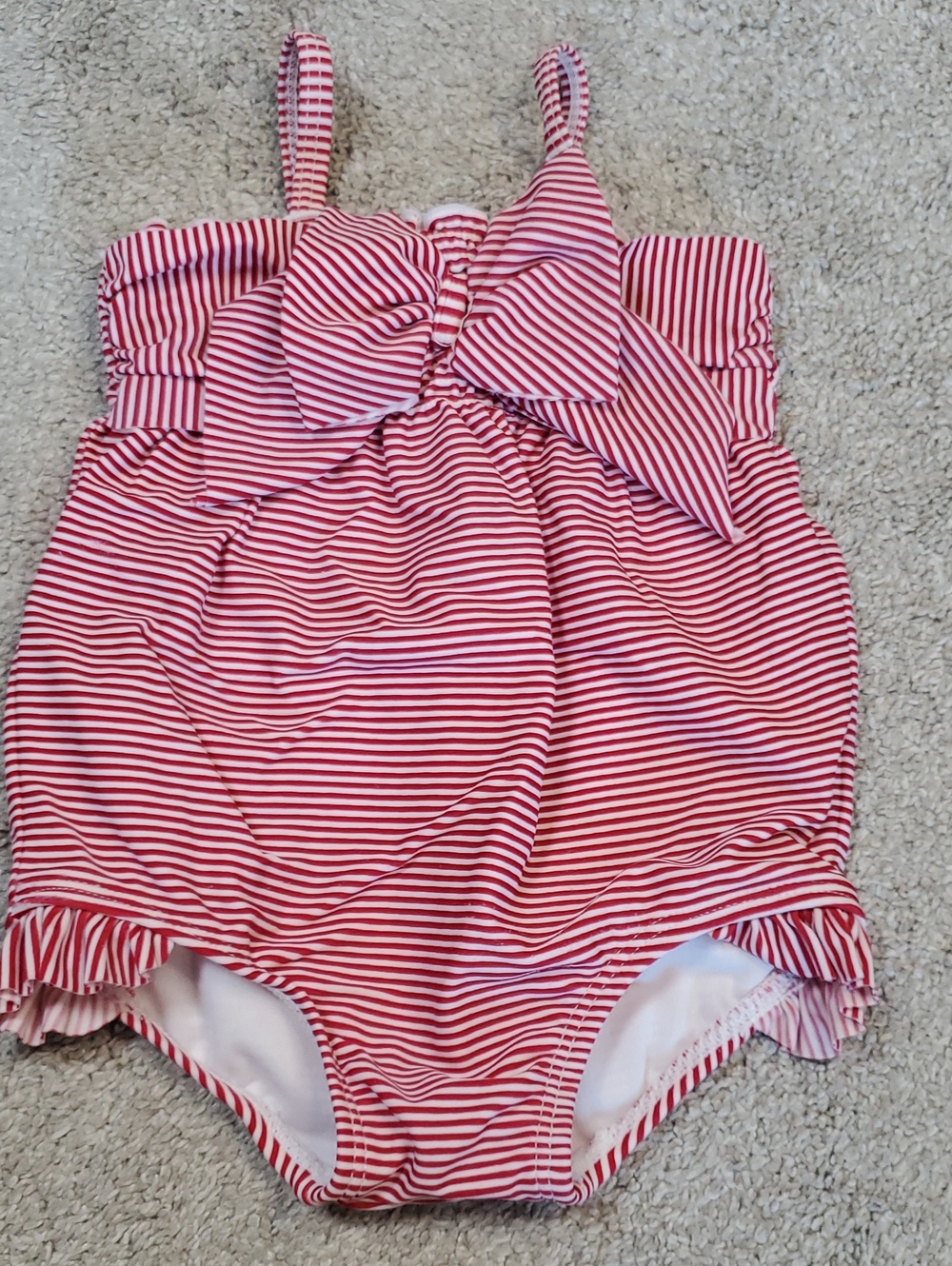 Janie and Jack Infant Red  & White Striped Swimsuit With Decorative Bow. 3-6 Mnt